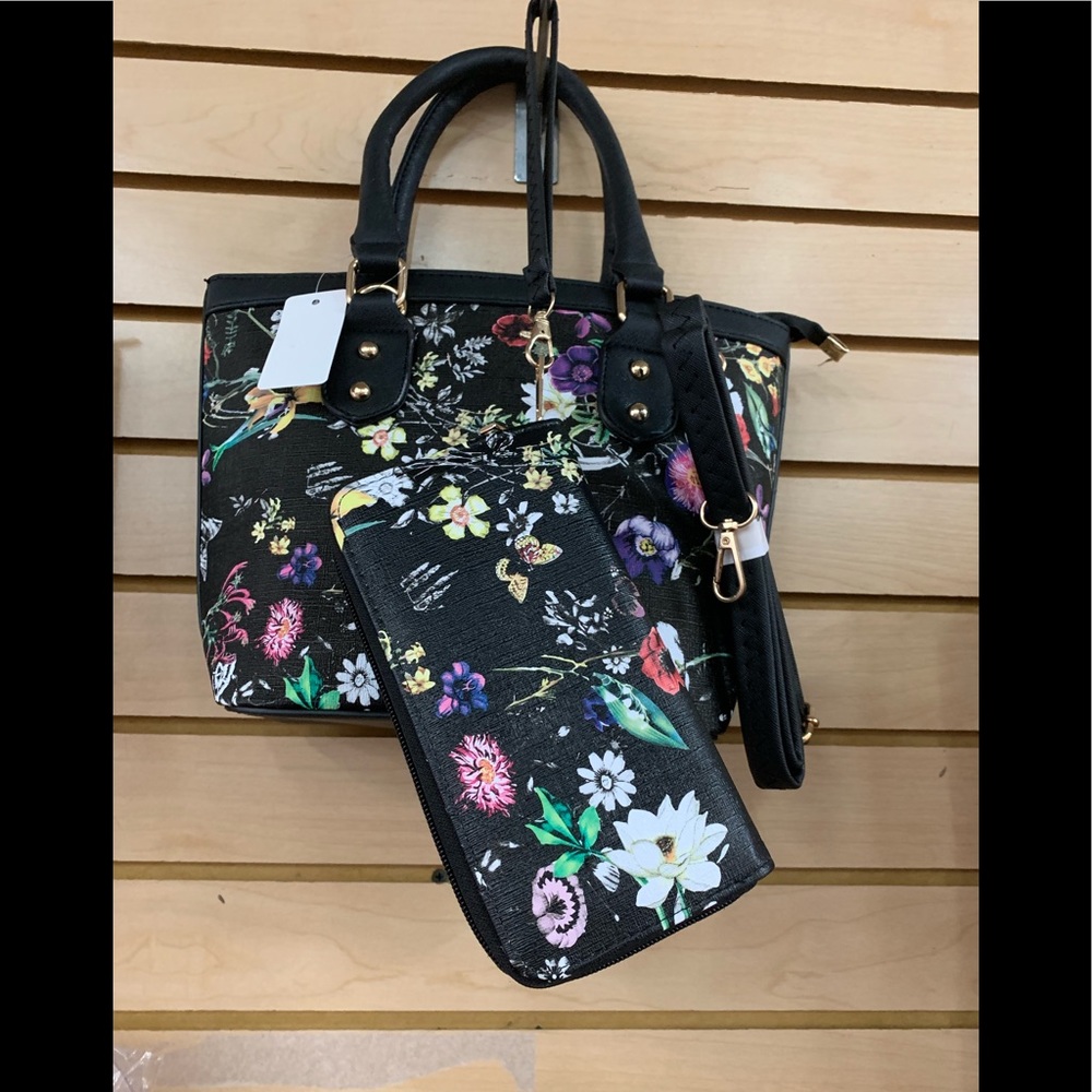 small floral black bucket bag & matching wallet